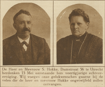 870506 Dubbelportret van het echtpaar S. Hokke (Damstraat 56) te Utrecht, dat 40 jaar getrouwd is.